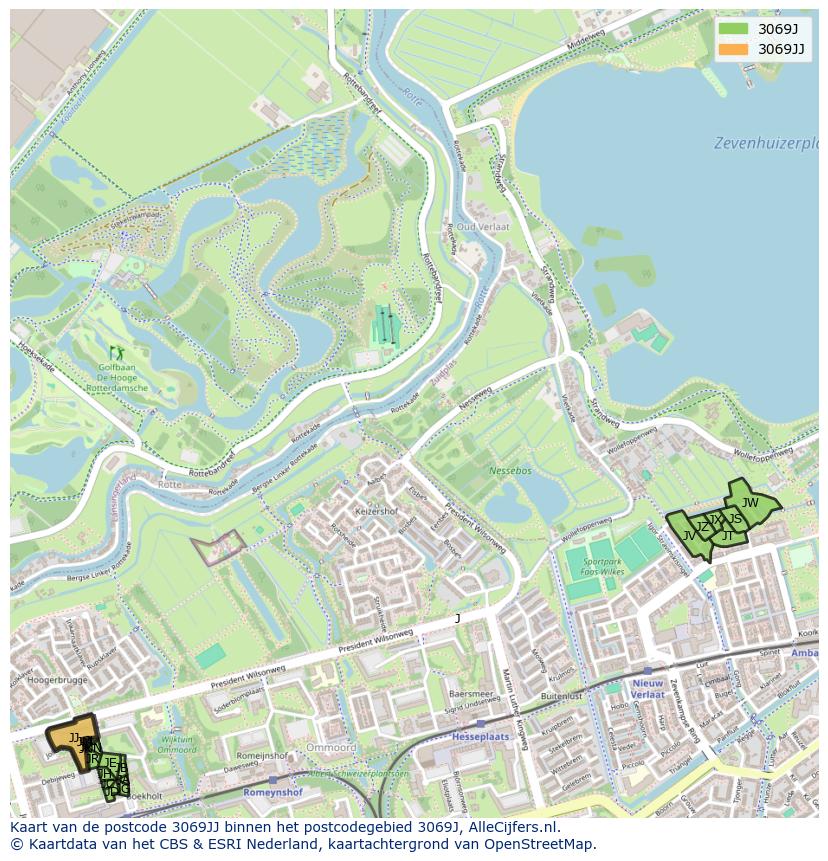 Afbeelding van het postcodegebied 3069 JJ op de kaart.