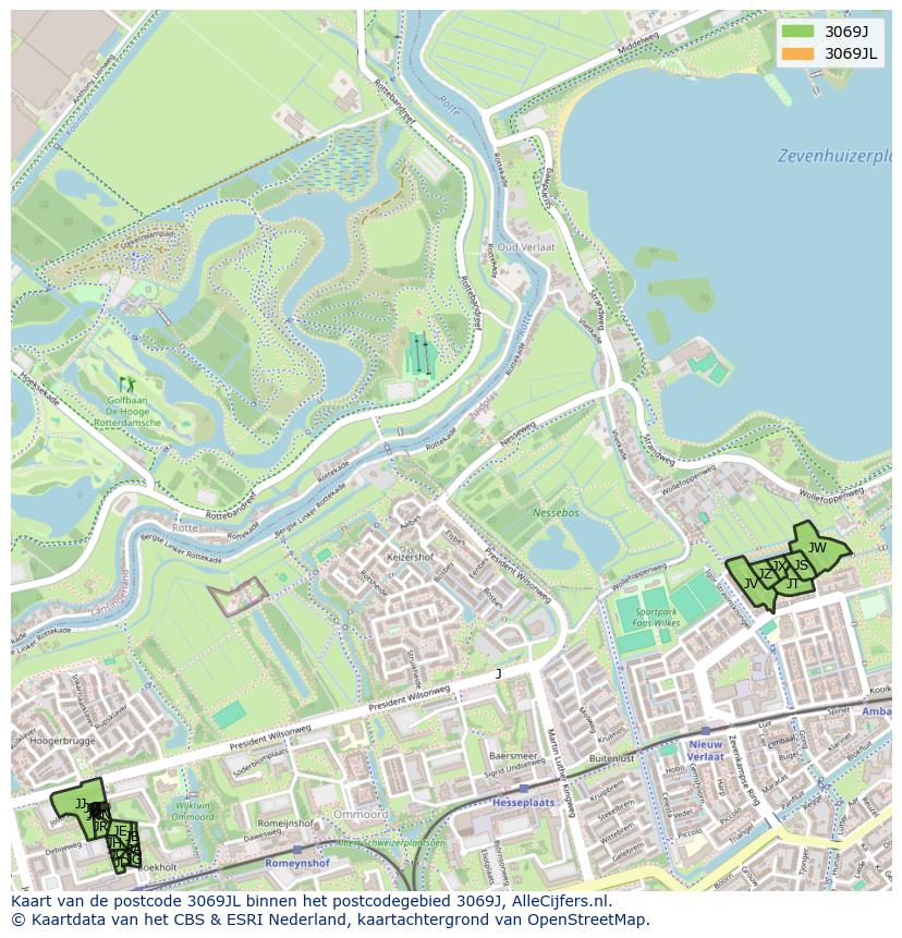 Afbeelding van het postcodegebied 3069 JL op de kaart.