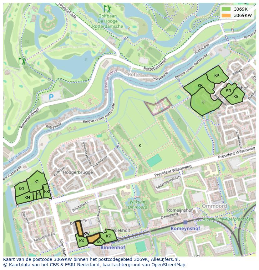 Afbeelding van het postcodegebied 3069 KW op de kaart.