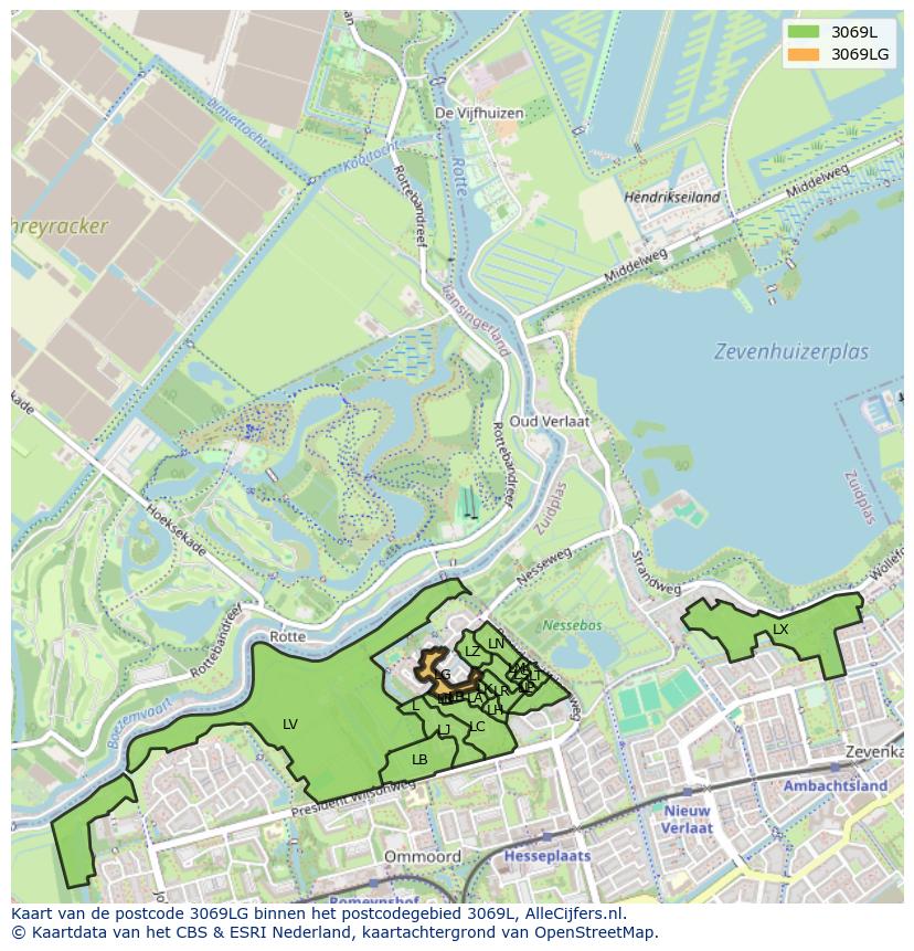 Afbeelding van het postcodegebied 3069 LG op de kaart.
