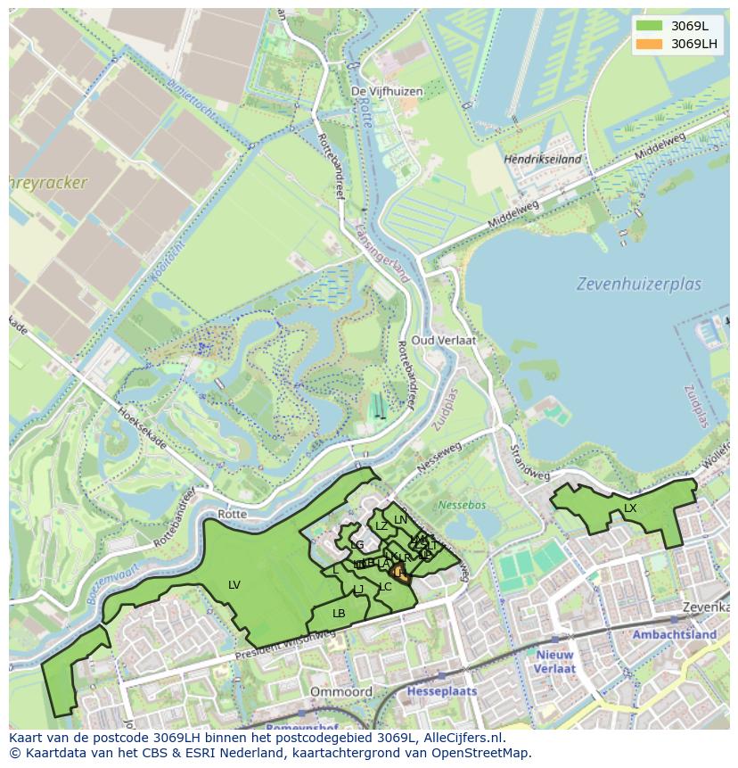 Afbeelding van het postcodegebied 3069 LH op de kaart.