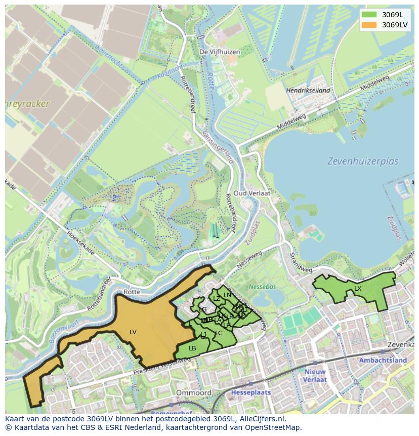 Afbeelding van het postcodegebied 3069 LV op de kaart.