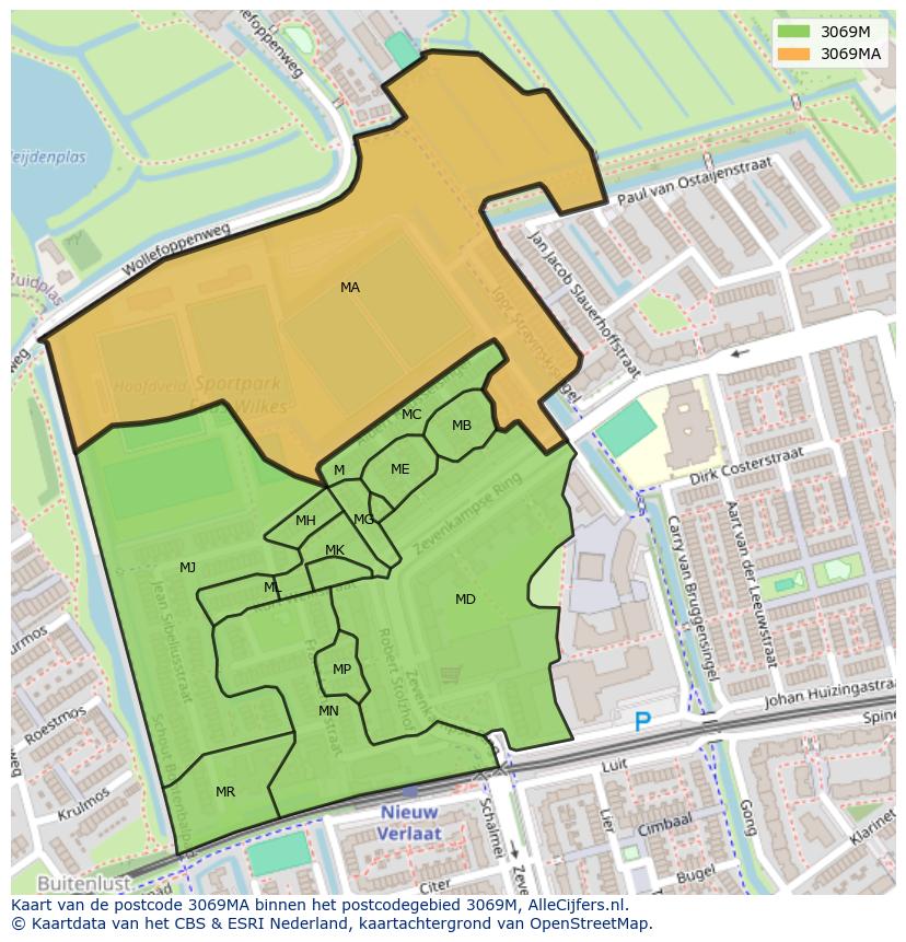 Afbeelding van het postcodegebied 3069 MA op de kaart.