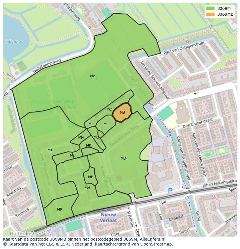 Afbeelding van het postcodegebied 3069 MB op de kaart.