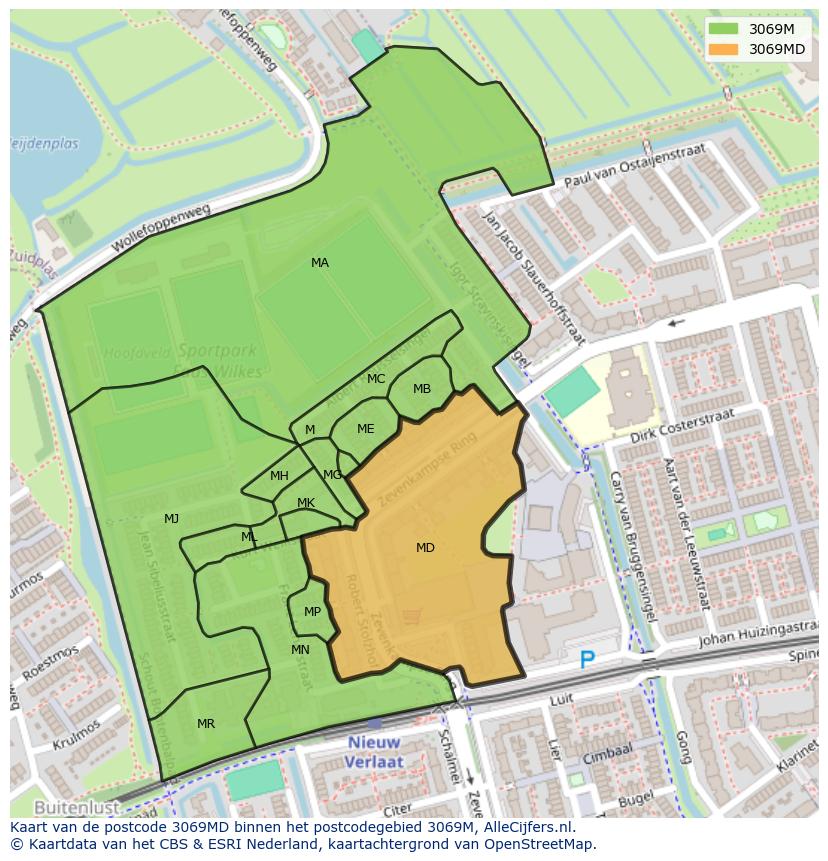 Afbeelding van het postcodegebied 3069 MD op de kaart.