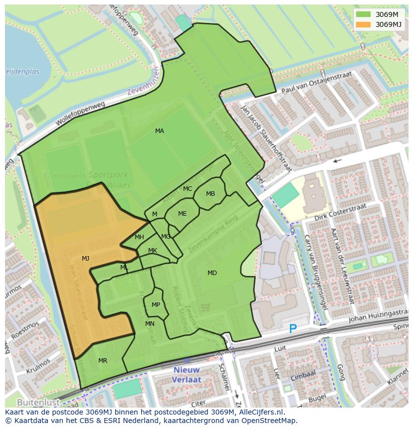 Afbeelding van het postcodegebied 3069 MJ op de kaart.
