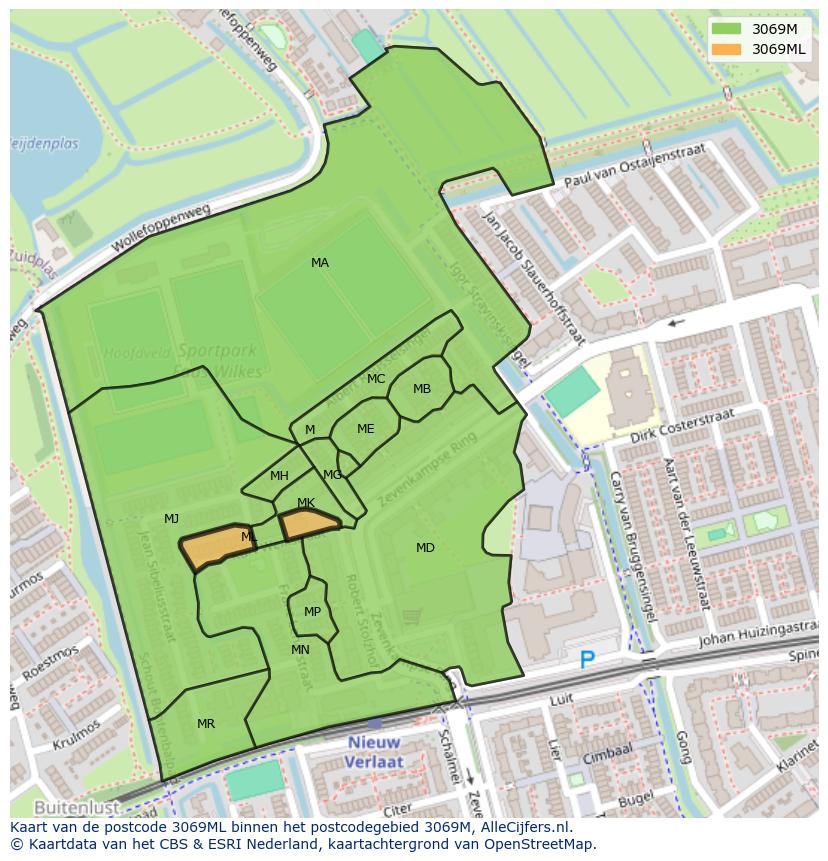 Afbeelding van het postcodegebied 3069 ML op de kaart.