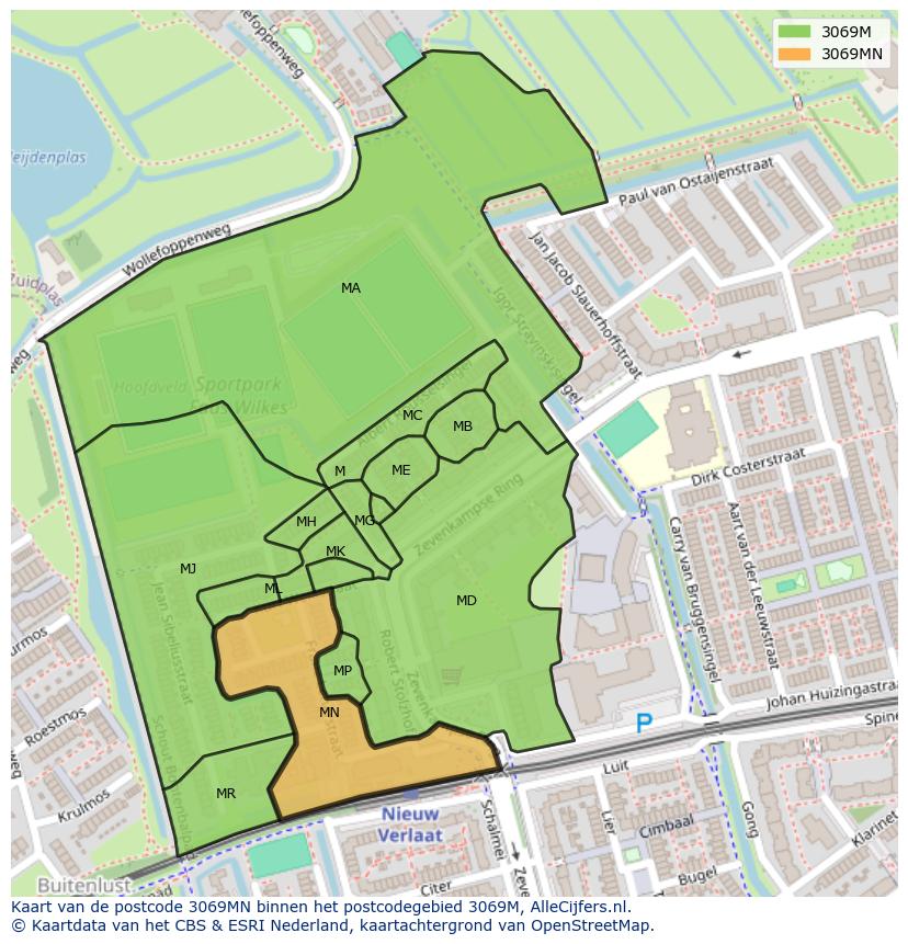 Afbeelding van het postcodegebied 3069 MN op de kaart.
