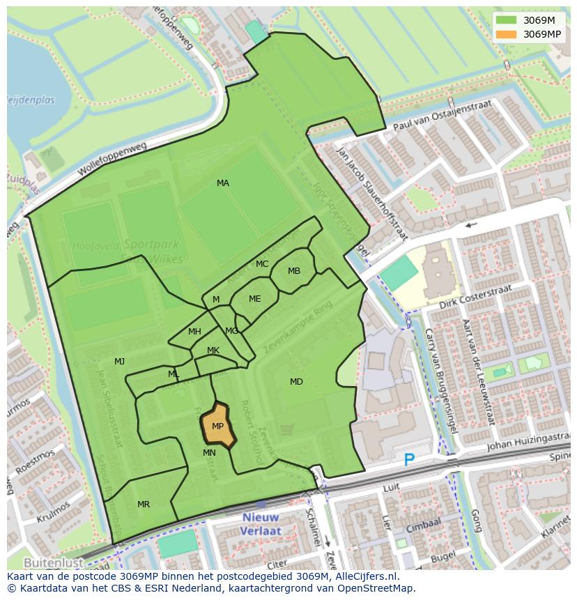 Afbeelding van het postcodegebied 3069 MP op de kaart.