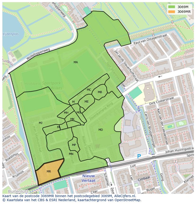 Afbeelding van het postcodegebied 3069 MR op de kaart.