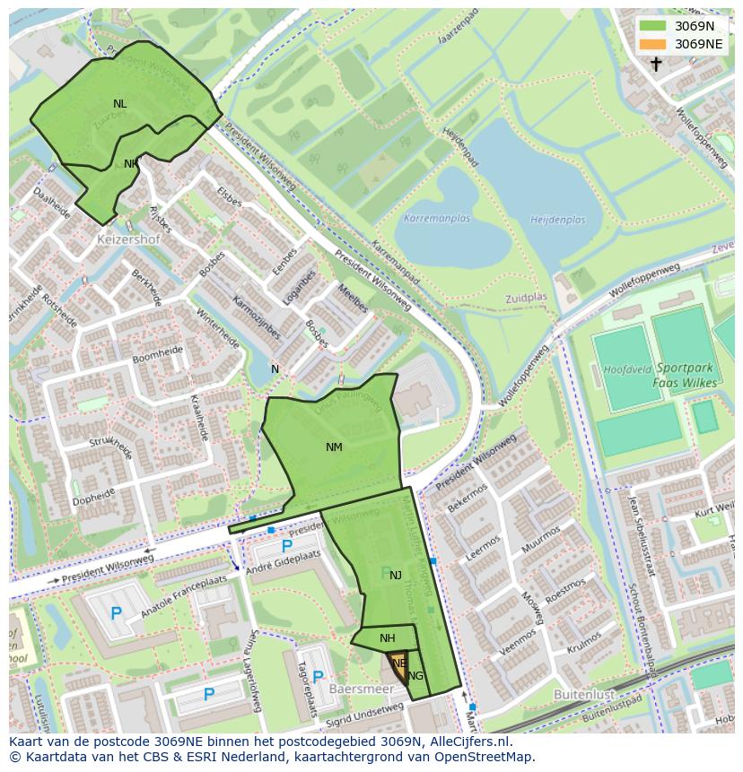 Afbeelding van het postcodegebied 3069 NE op de kaart.
