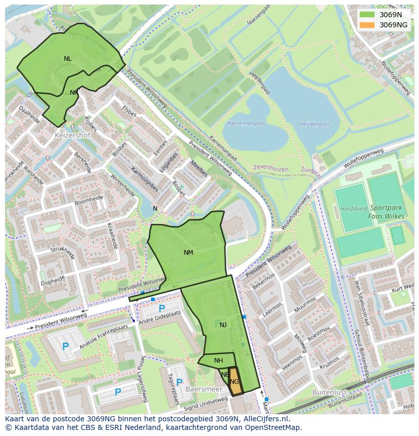 Afbeelding van het postcodegebied 3069 NG op de kaart.