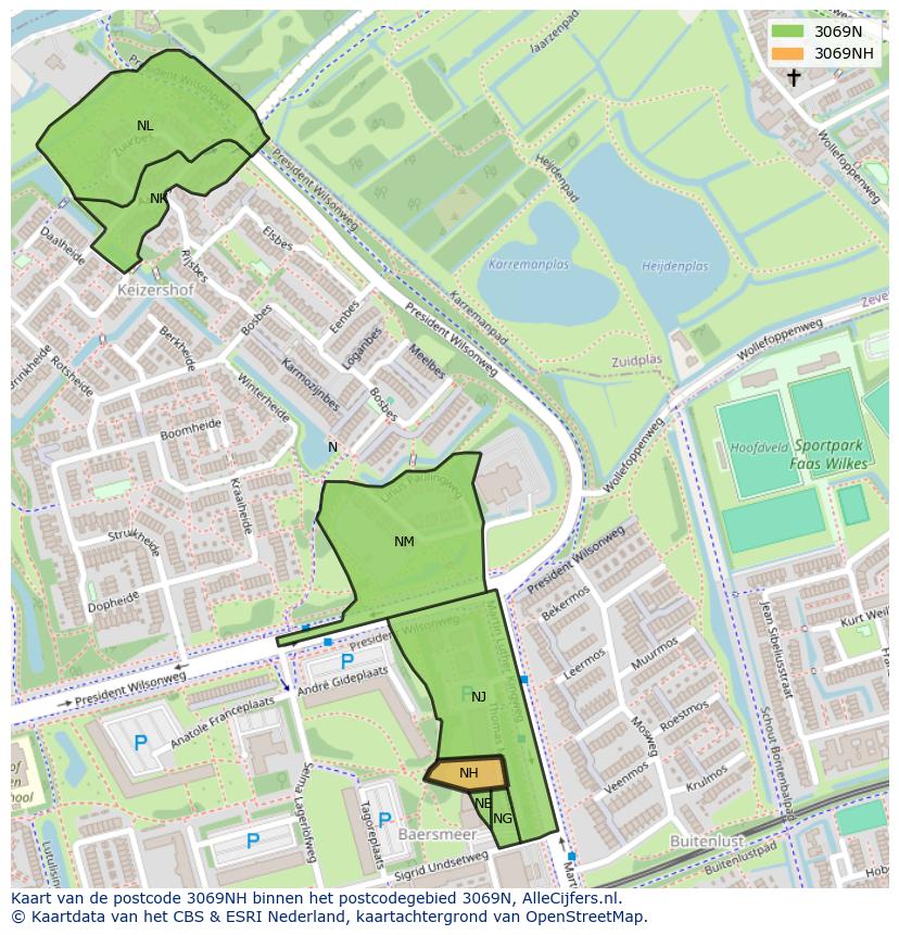 Afbeelding van het postcodegebied 3069 NH op de kaart.