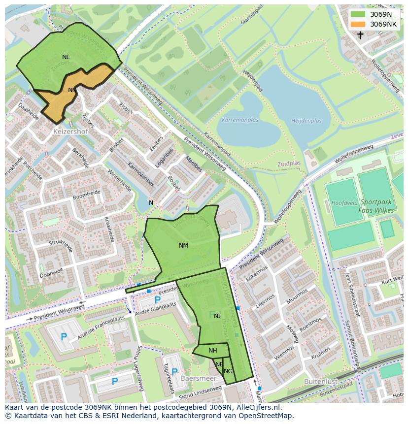 Afbeelding van het postcodegebied 3069 NK op de kaart.