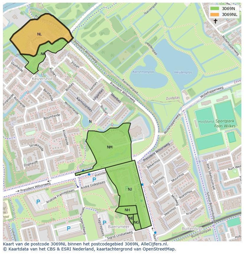 Afbeelding van het postcodegebied 3069 NL op de kaart.