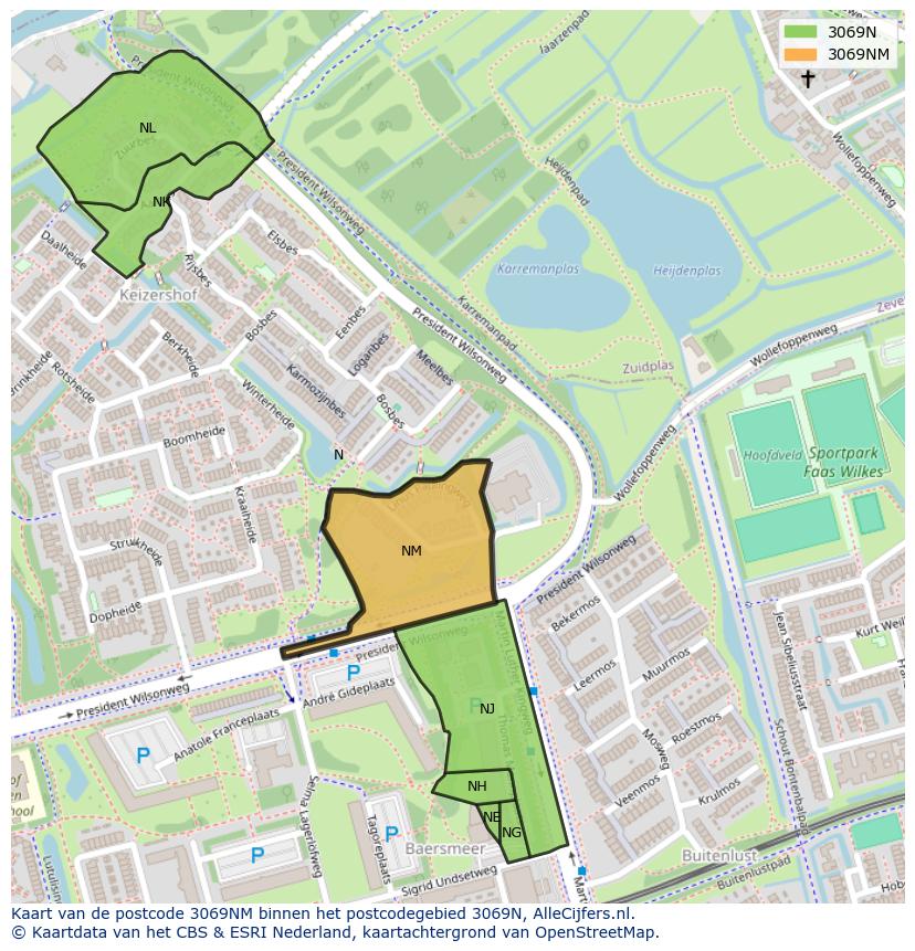 Afbeelding van het postcodegebied 3069 NM op de kaart.