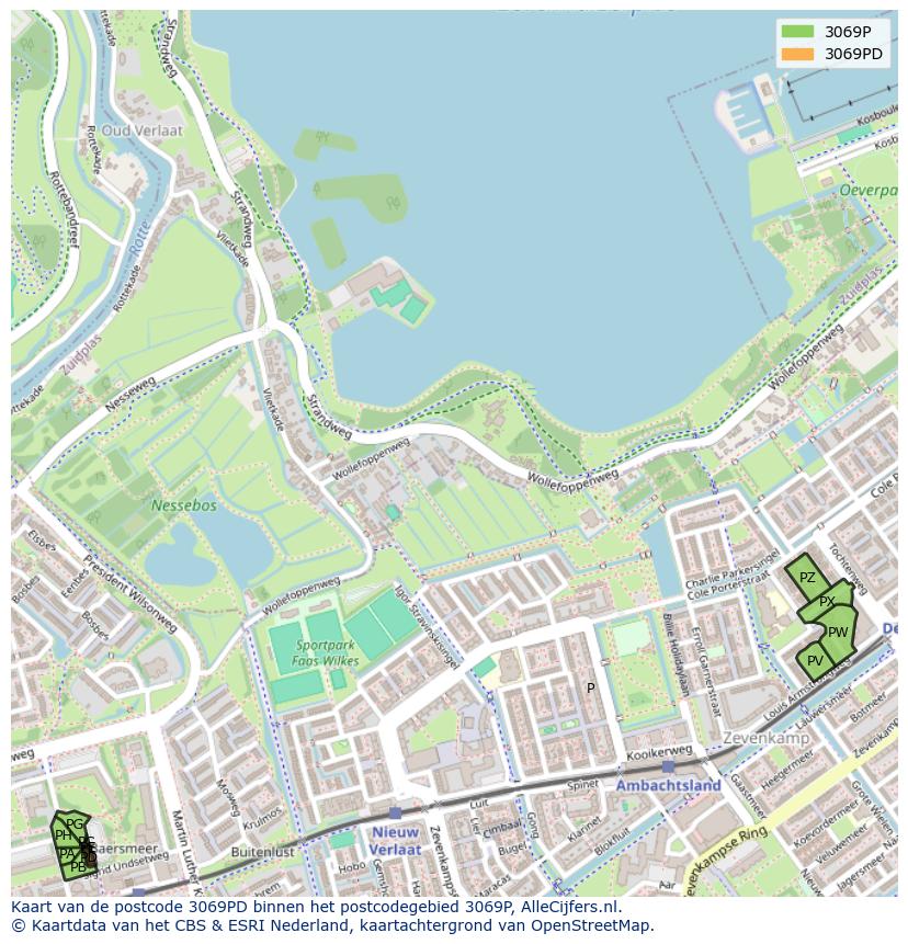 Afbeelding van het postcodegebied 3069 PD op de kaart.