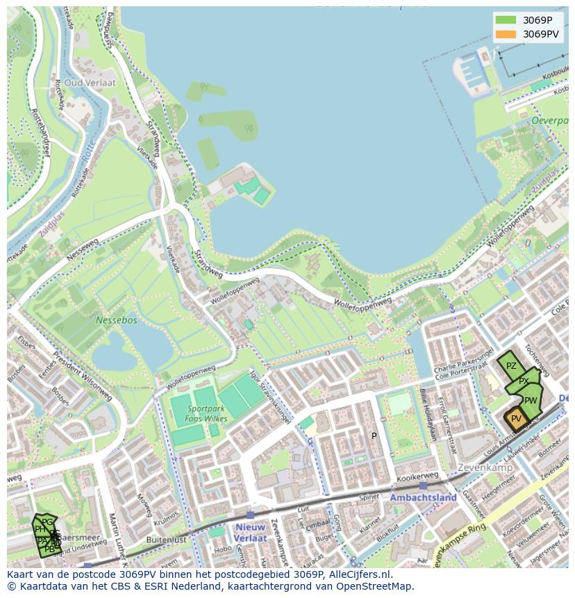 Afbeelding van het postcodegebied 3069 PV op de kaart.