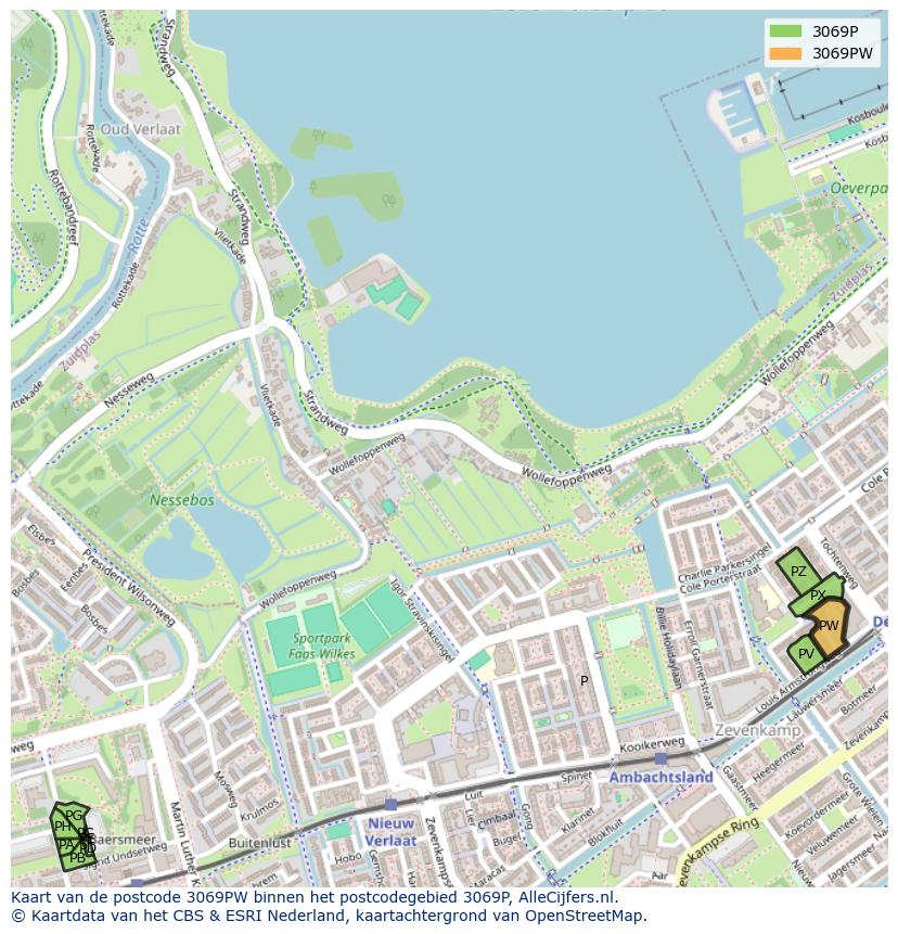 Afbeelding van het postcodegebied 3069 PW op de kaart.
