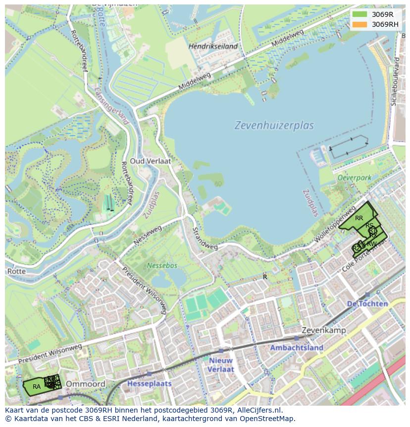 Afbeelding van het postcodegebied 3069 RH op de kaart.