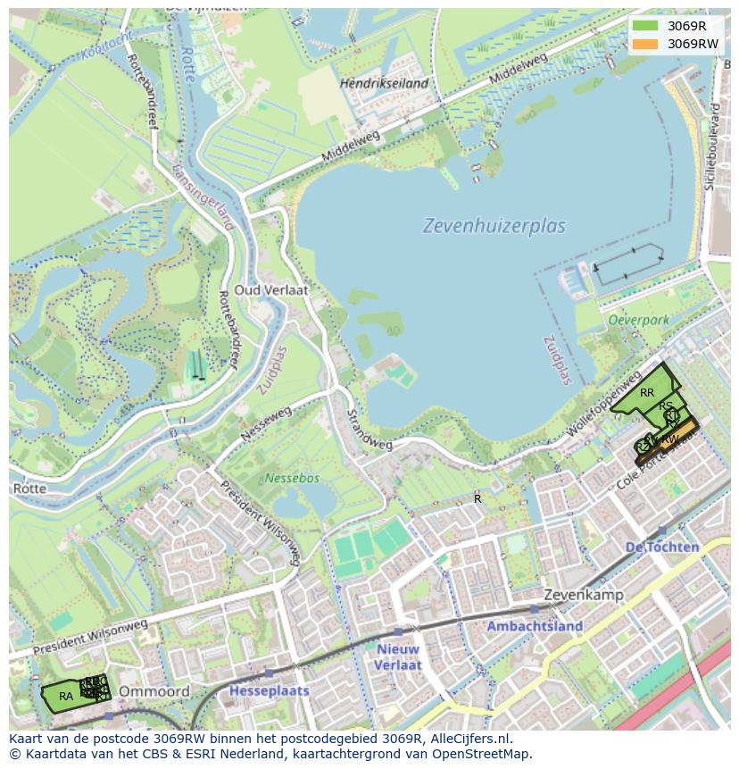 Afbeelding van het postcodegebied 3069 RW op de kaart.