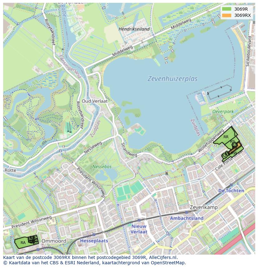 Afbeelding van het postcodegebied 3069 RX op de kaart.