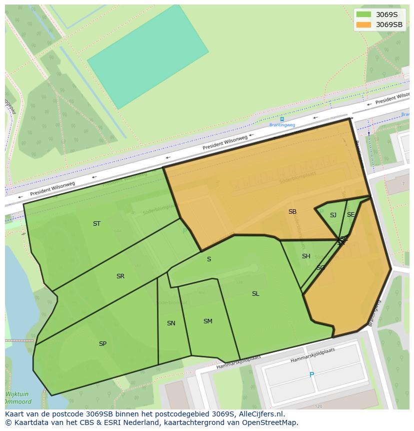 Afbeelding van het postcodegebied 3069 SB op de kaart.