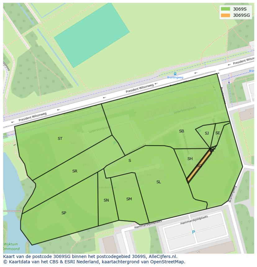 Afbeelding van het postcodegebied 3069 SG op de kaart.