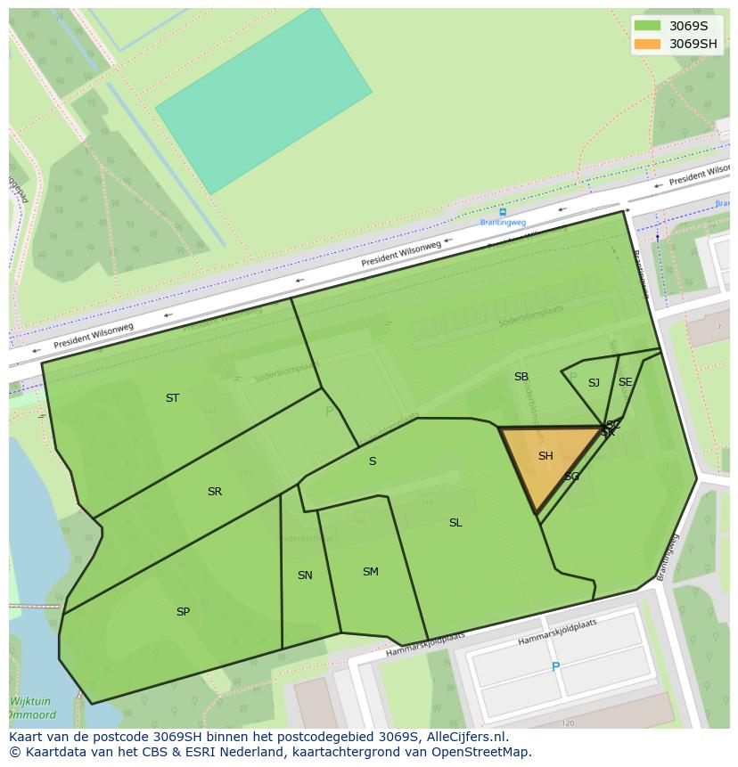 Afbeelding van het postcodegebied 3069 SH op de kaart.
