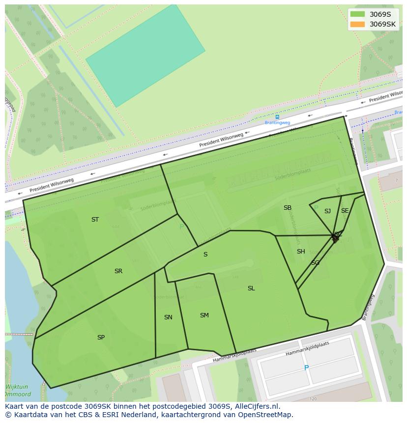 Afbeelding van het postcodegebied 3069 SK op de kaart.