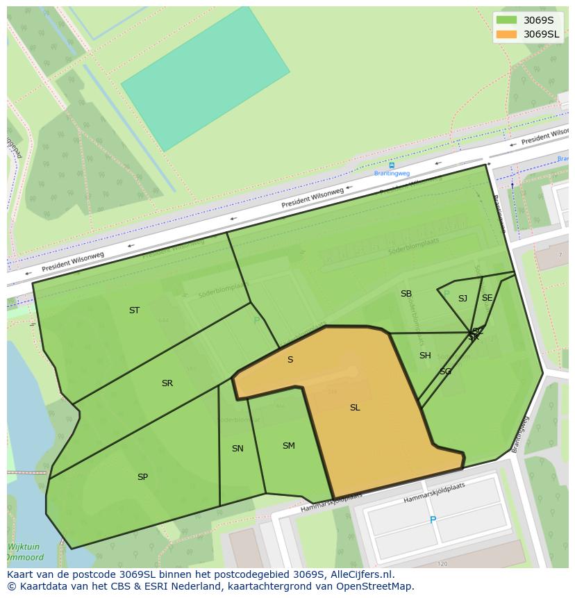 Afbeelding van het postcodegebied 3069 SL op de kaart.