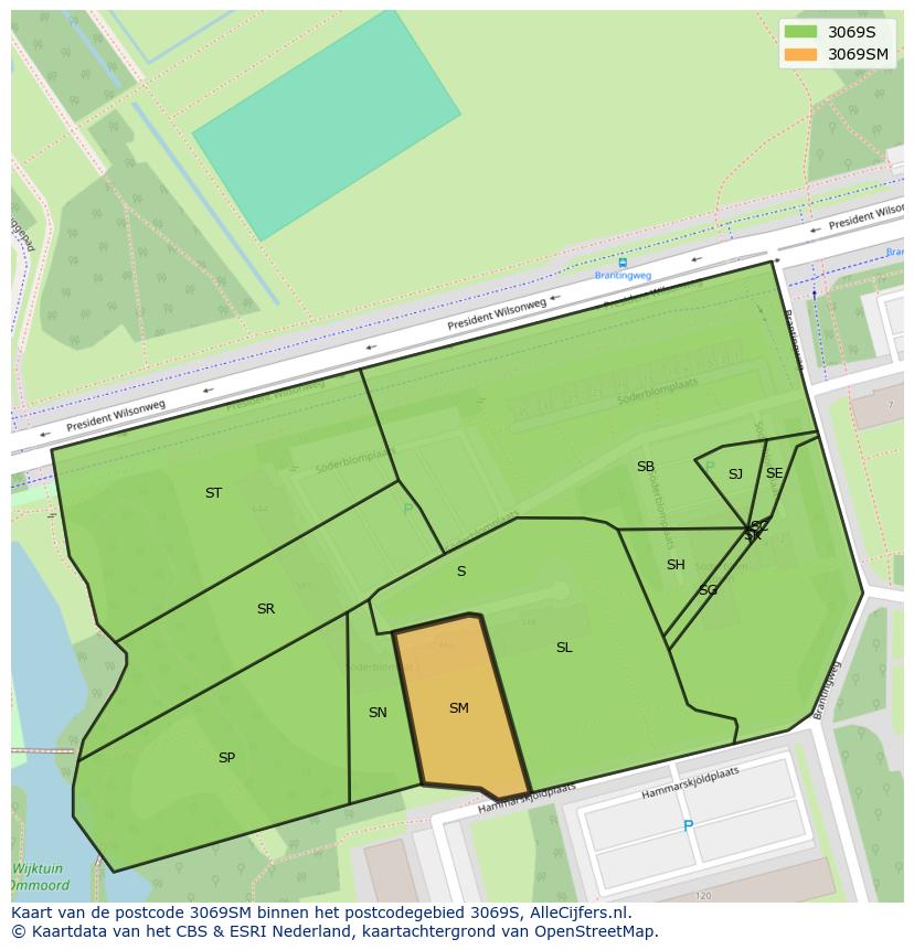 Afbeelding van het postcodegebied 3069 SM op de kaart.