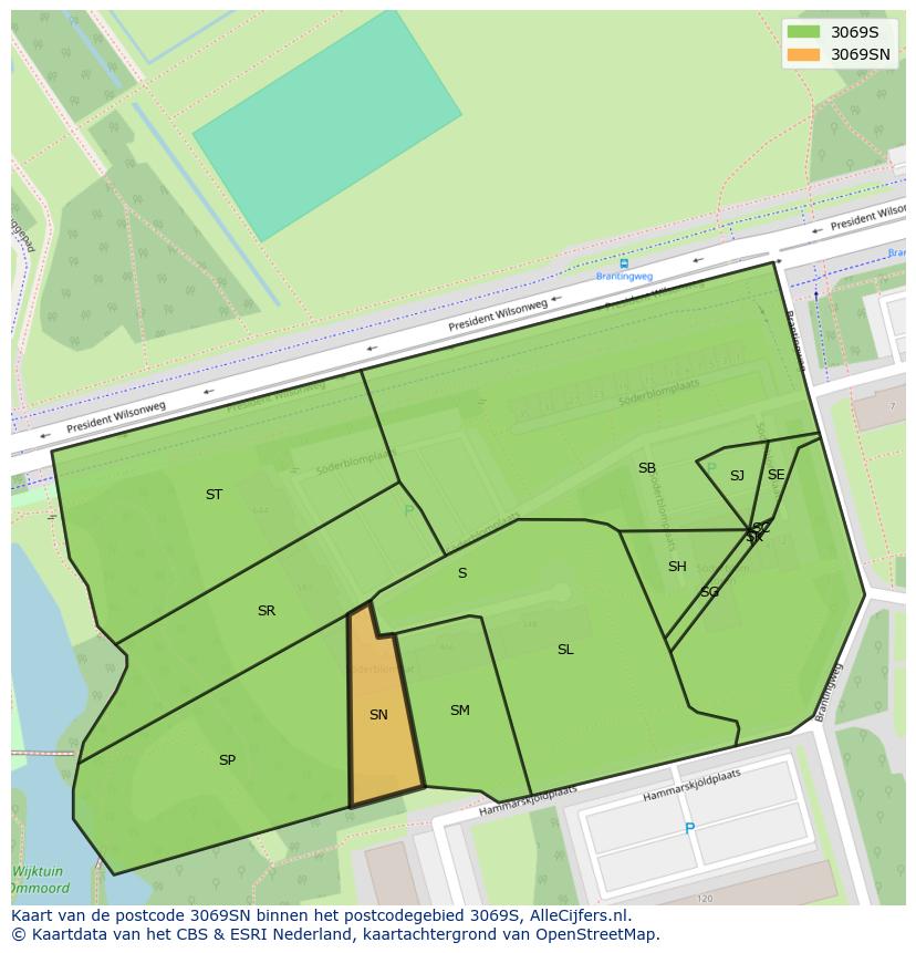 Afbeelding van het postcodegebied 3069 SN op de kaart.