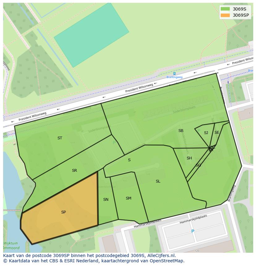 Afbeelding van het postcodegebied 3069 SP op de kaart.