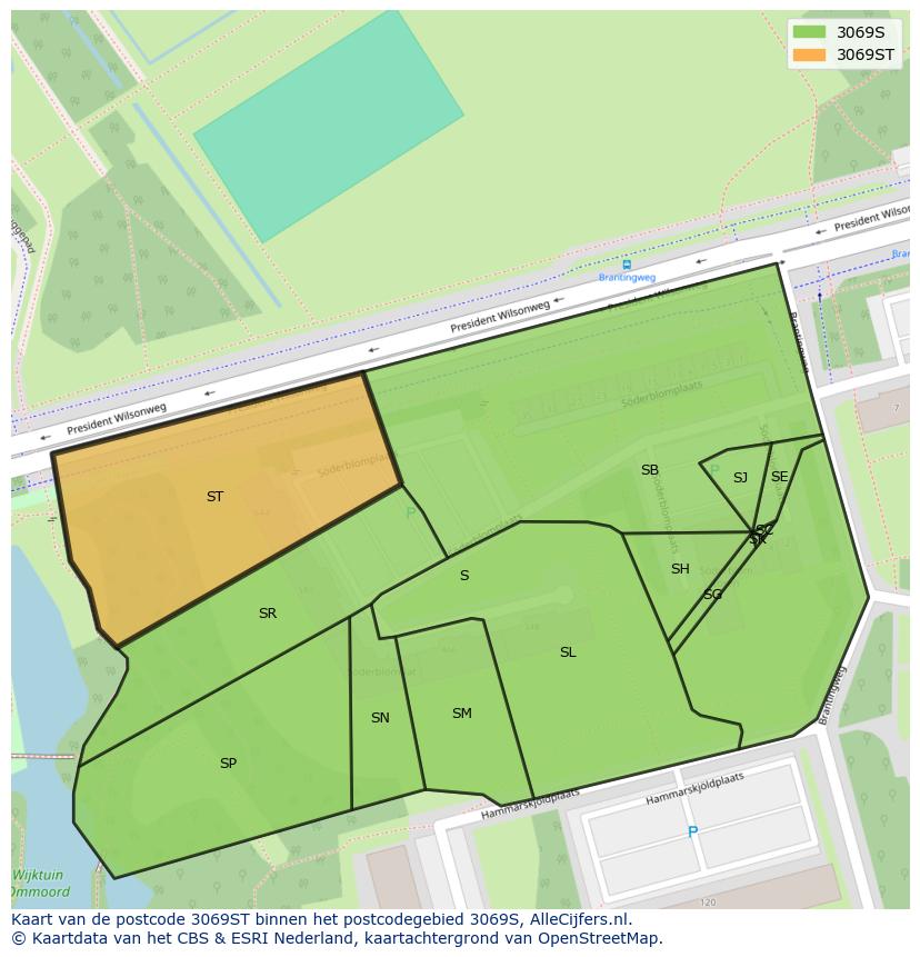 Afbeelding van het postcodegebied 3069 ST op de kaart.