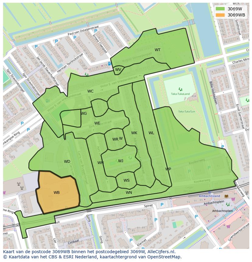 Afbeelding van het postcodegebied 3069 WB op de kaart.