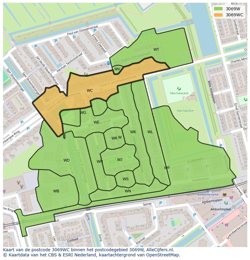 Afbeelding van het postcodegebied 3069 WC op de kaart.