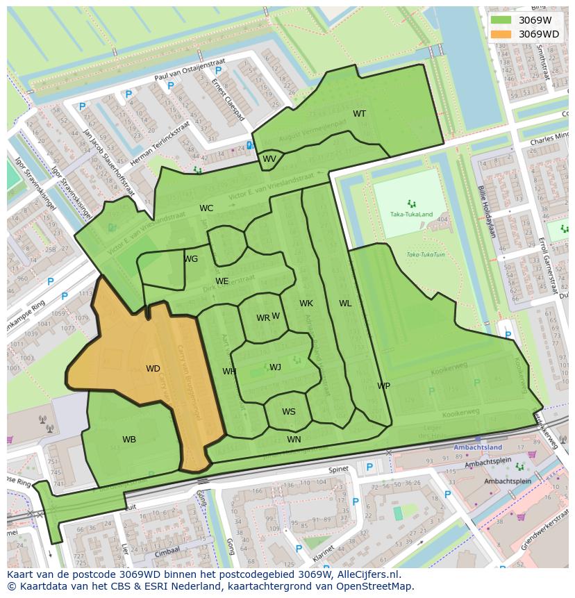 Afbeelding van het postcodegebied 3069 WD op de kaart.