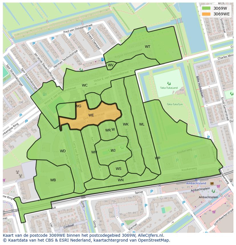 Afbeelding van het postcodegebied 3069 WE op de kaart.
