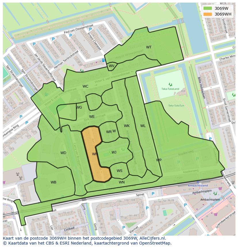 Afbeelding van het postcodegebied 3069 WH op de kaart.