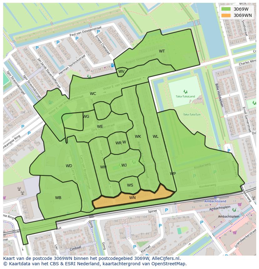 Afbeelding van het postcodegebied 3069 WN op de kaart.