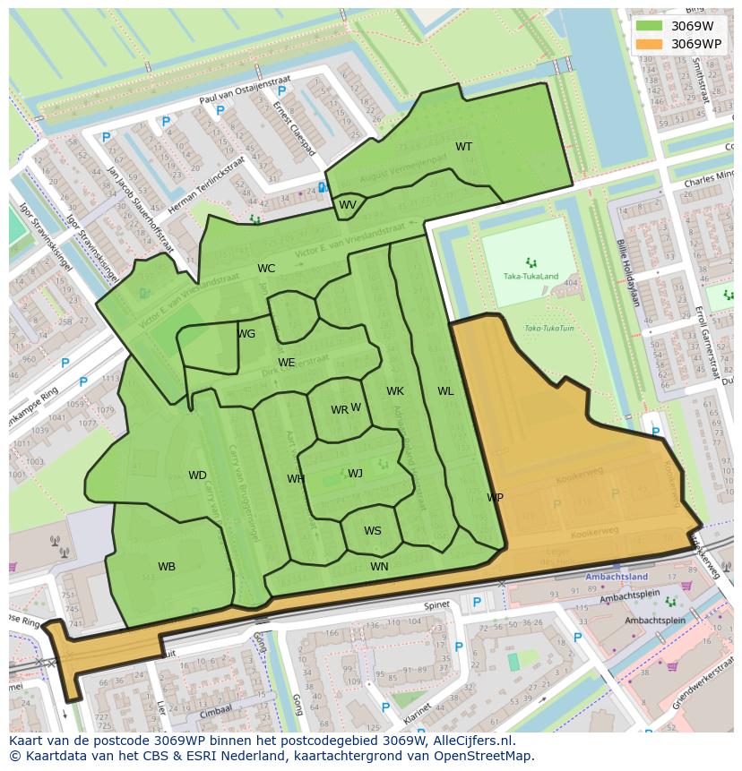 Afbeelding van het postcodegebied 3069 WP op de kaart.