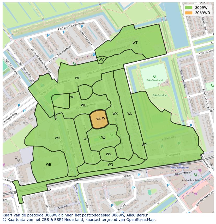 Afbeelding van het postcodegebied 3069 WR op de kaart.