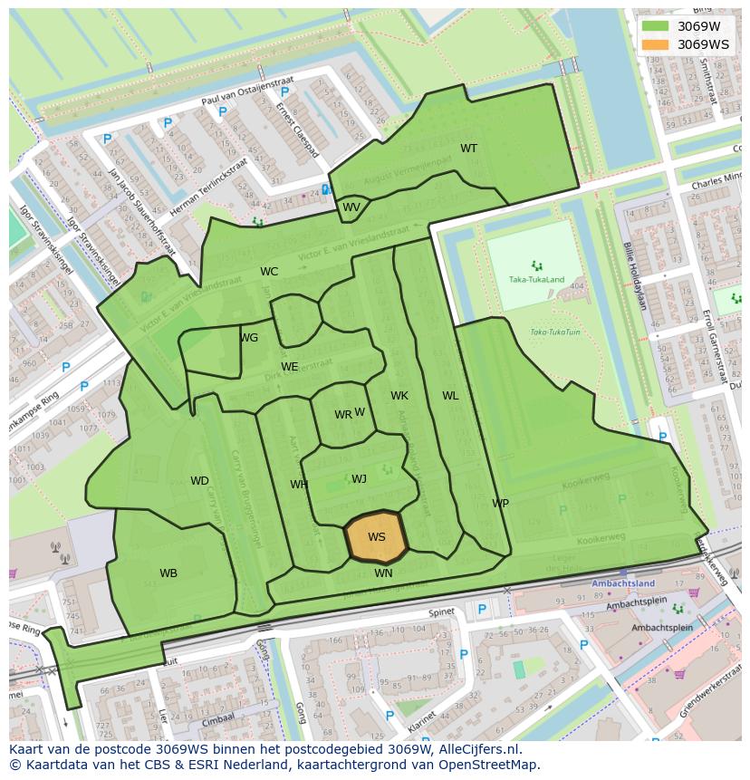 Afbeelding van het postcodegebied 3069 WS op de kaart.