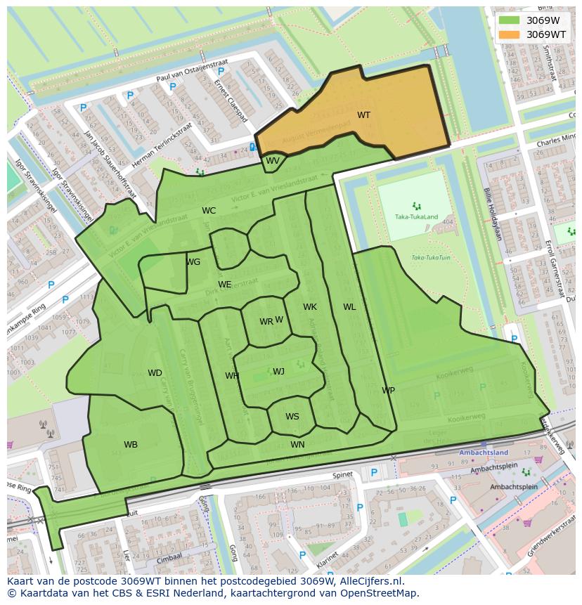Afbeelding van het postcodegebied 3069 WT op de kaart.