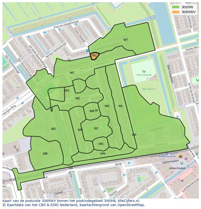 Afbeelding van het postcodegebied 3069 WV op de kaart.