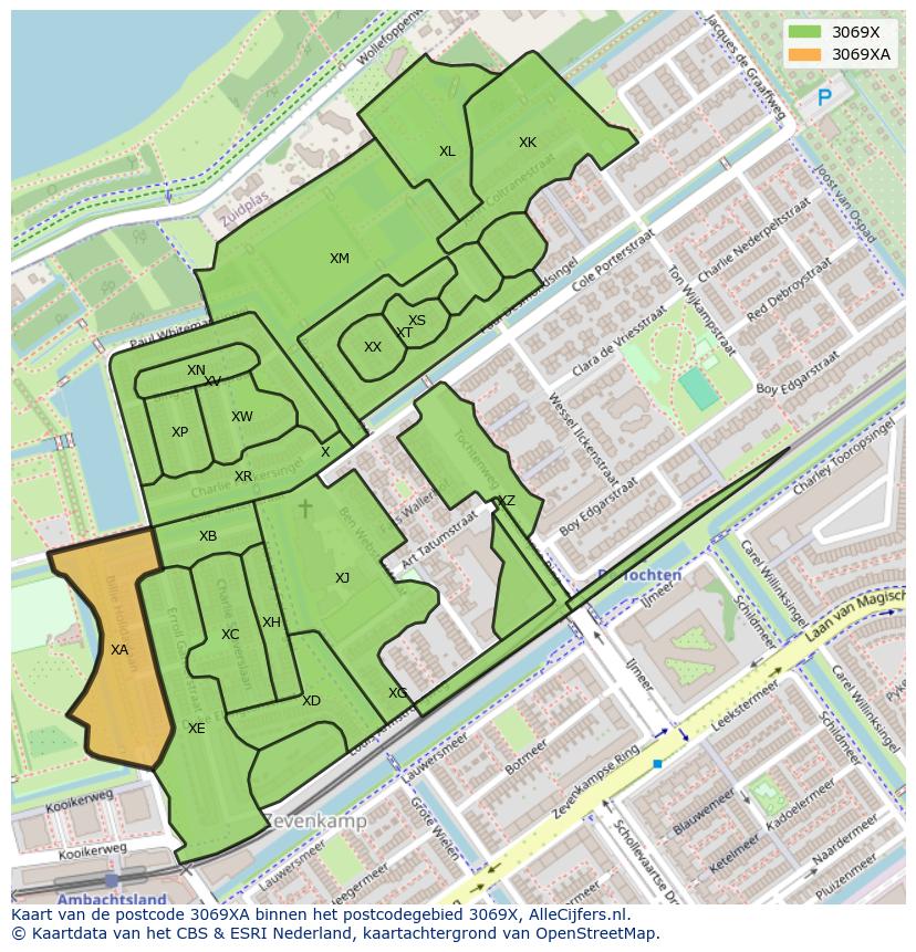 Afbeelding van het postcodegebied 3069 XA op de kaart.