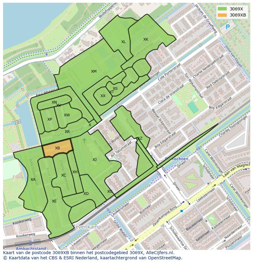 Afbeelding van het postcodegebied 3069 XB op de kaart.