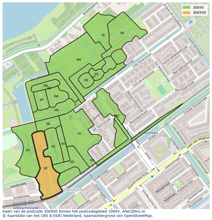 Afbeelding van het postcodegebied 3069 XE op de kaart.