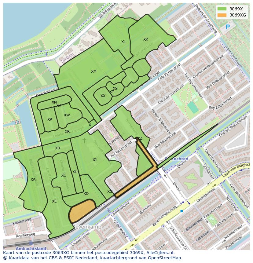 Afbeelding van het postcodegebied 3069 XG op de kaart.